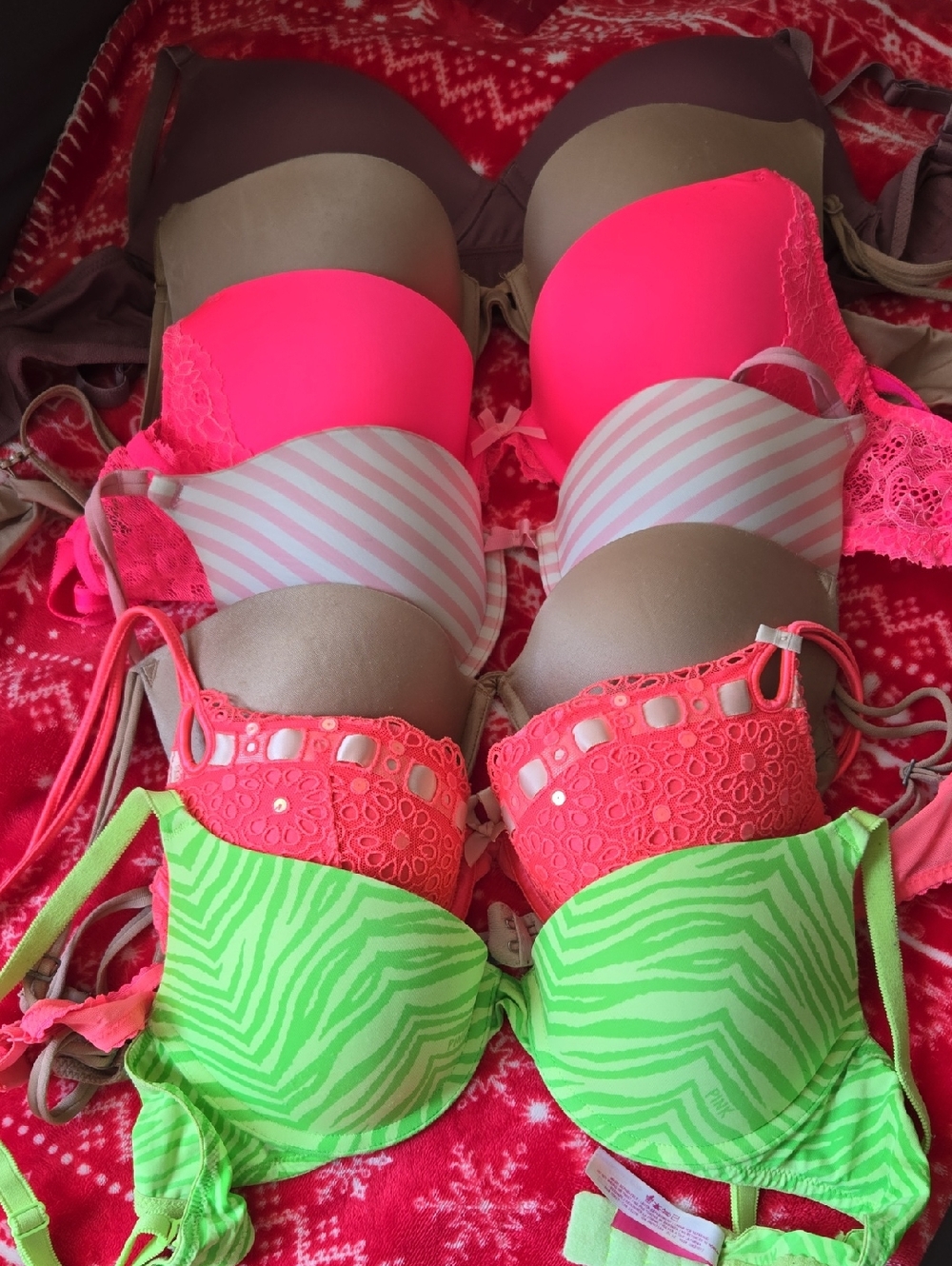 Victoria's Secret Neon Pink, Coral & Lime Zebra Push-Up Bra Set